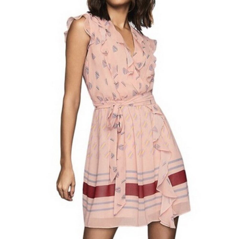 Reiss NWT Stephanie Printed Belted Mini Dress Pink Size 6 FLAW *Small Marks*